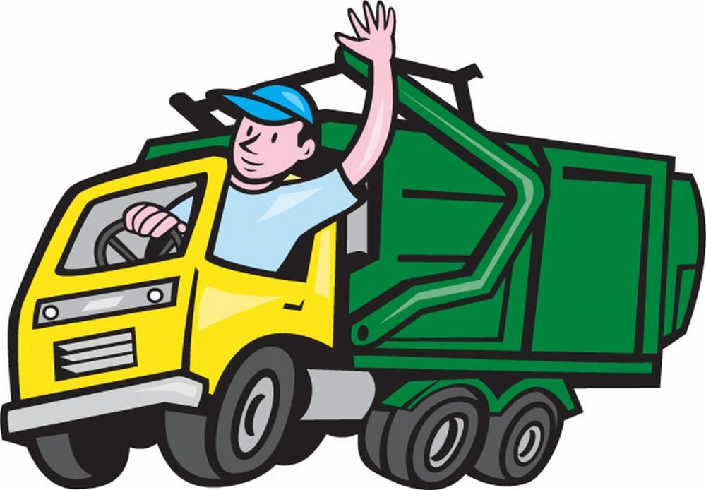 Waste Management Operations - Garbage Truck Driver Waving Cartoon