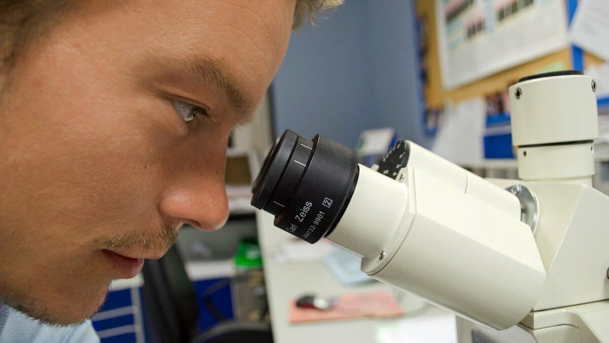 plastic-eating worms featured image: scientist looking under a microscope